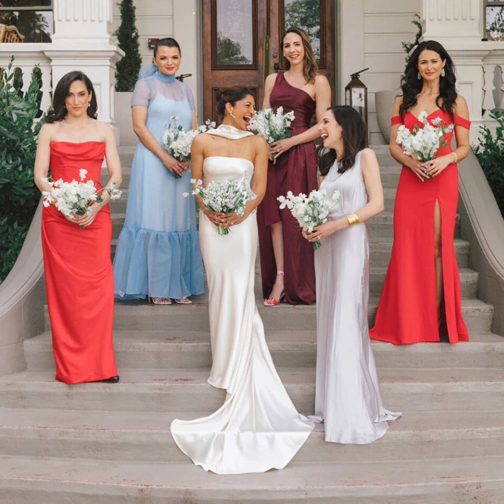 Removable Asymmetric Drape Halter Neck Silky Satin Wedding Dress Bias Cut Straight Boned Bustier Strapless Backless Bridal Gowns