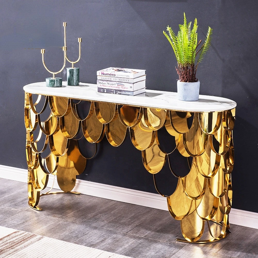 Home furniture luxury hallway table modern 201 grade high polished golden colour stainless steel console table