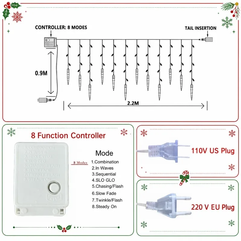 3.1M Icicle Cone Fairy Lights 220V EU/110V US Plug Warm White Multicolor Xmas Eaves Outdoor Patio Holiday Decor Lighting