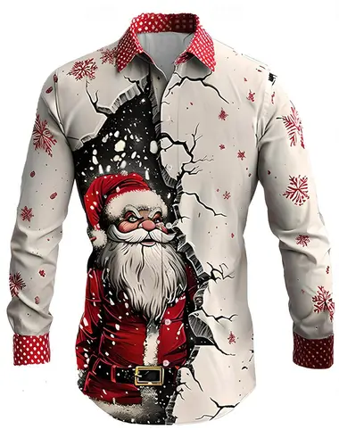 Camisa informal con botones para hombre, camisa navideña de Papá Noel, manga larga, tema navideño, cuello abotonado, estampado 3D, poliéster fino