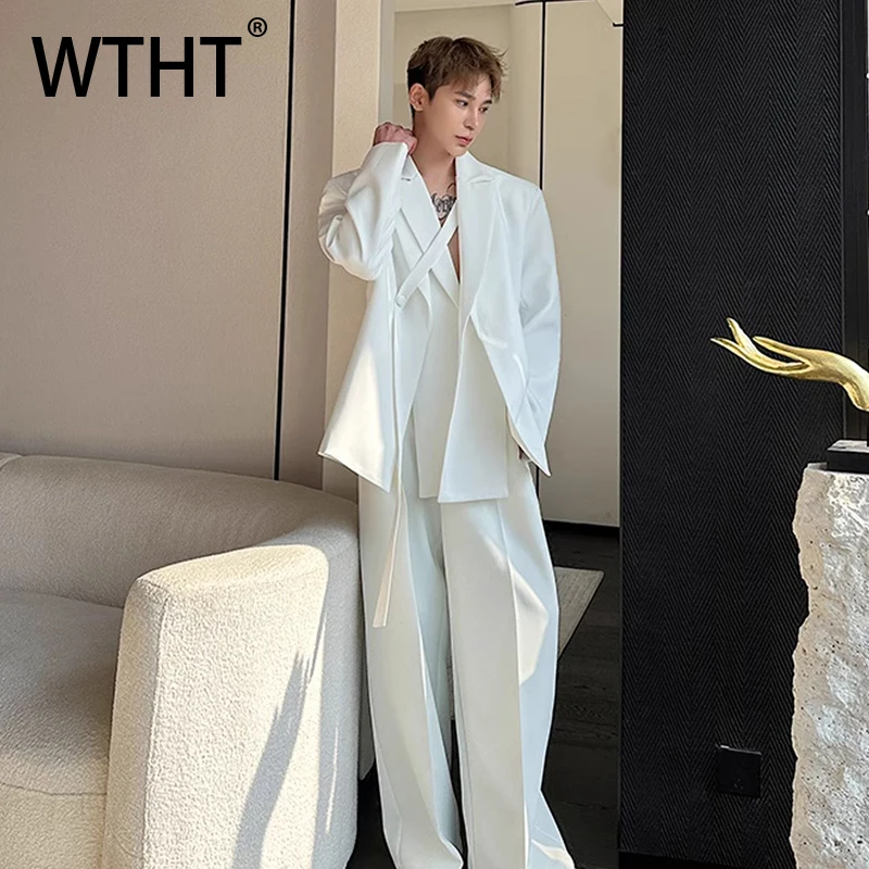 

WTHT модный мужской однотонный свободный пиджак с повязками, модные куртки с отложным воротником и длинными рукавами, мужские куртки, лето 2022, 2A1148