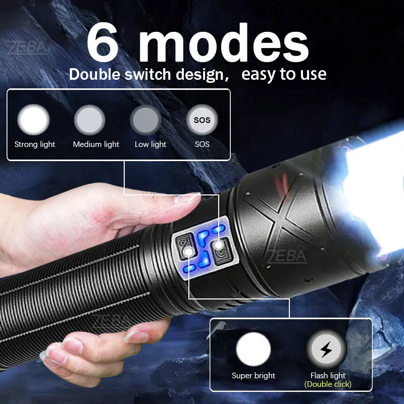 16000mAh High Power LED Flashlights Type-C Rechargeable LED Torch Zoomable Ultra Powerful Flashlight Outdoor Tactical Lantern