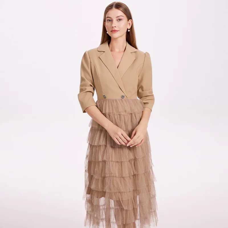 Street Sle hoge taille polyester lange jurk met taartrok pak casual par Dr voor dames V Ne Nine Sve dames Dr