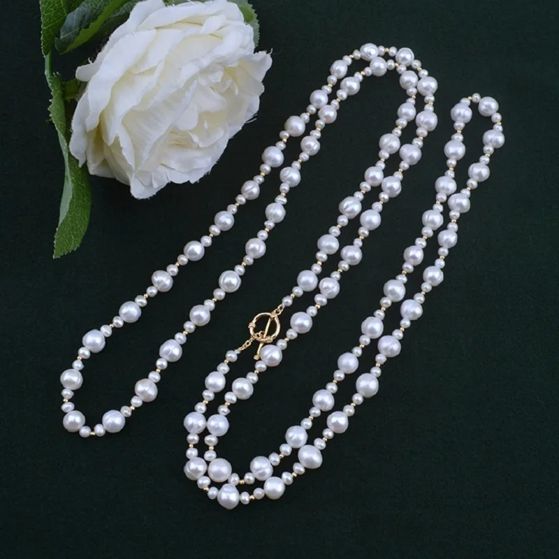 2024 Exceptional Exotic 48inch Big & Small Baroque White Akoya Real Natural Pearl Necklace 14k Gold Filled