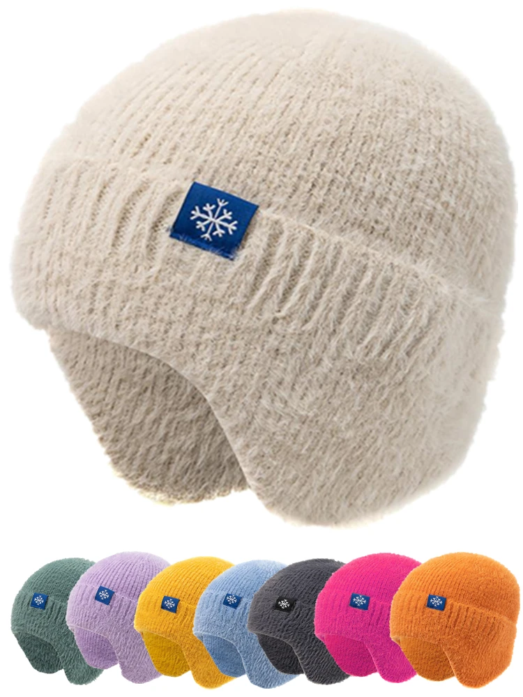 Heißer Verkauf Frauen Earflap Winter Hut Candy Farben Mode Faux Pelz Gestrickte Hut Kpop Stil Weiche Beanie Hüte Weibliche Streetwear Kappe – Detail 1