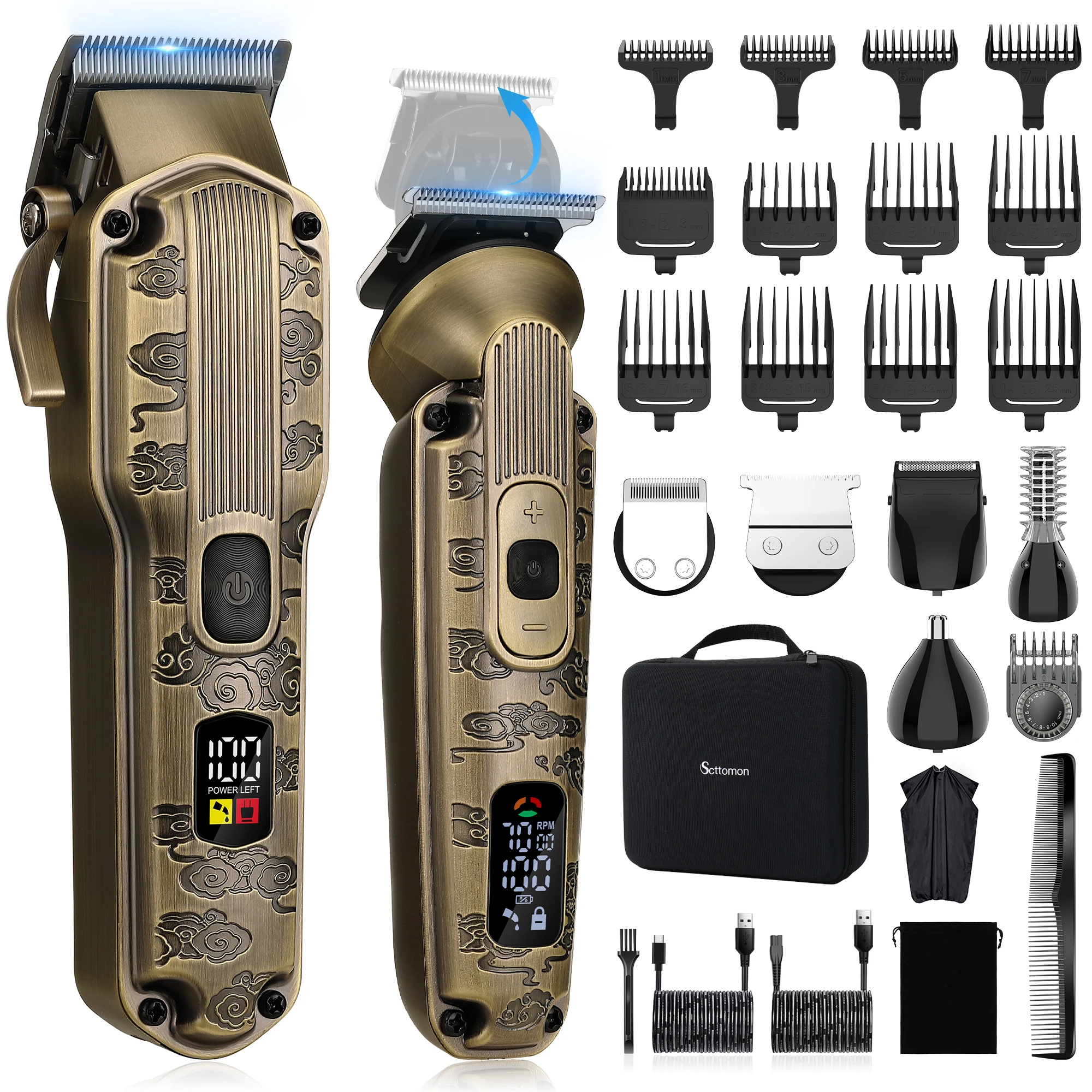Scttomon مقص الشعر الكهربائية المتقلب للبشرة تتلاشى أصلع رئيس الحلاقة شعري نحت اللحية التشذيب النفط رئيس نمط 2-قطعة مجموعة #1