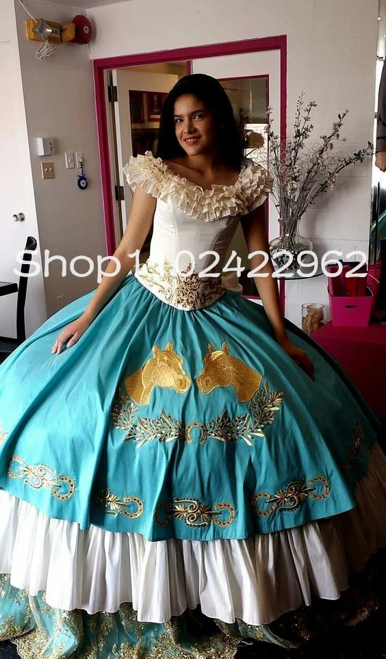 White Sky Blue Princess Mexico Quinceanera Dresses Off Shoulder Embroidery Horse Lace-up corset Charro vestidos de quinceañeras