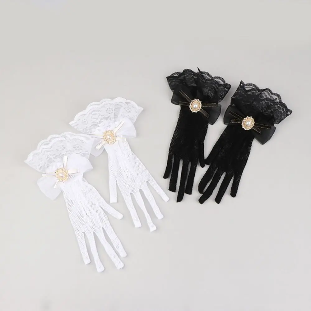 Gothic Black White Lace Gloves Soft Elastic Ruffle Edge Mesh Gloves Bow Flower Pattern Hollow Out Gloves Cosplay Event