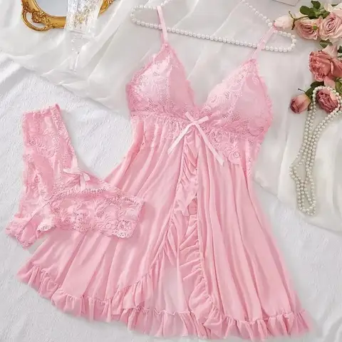 sexxy Lingerie Set Women Erotic Bra Nightdress sexxy Lace Sleepwear Solid Slim Soft Dresses V Neck Full Slip Sleepwear Dresses