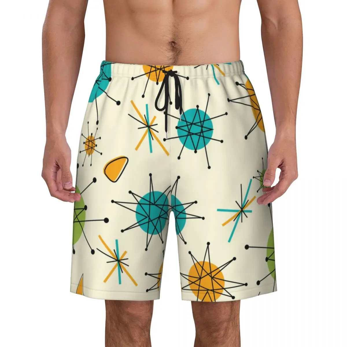 Retro Atomic Abstract Geometric Swim Trunks Beachwear Quick Dry Beach Board Shorts Mid Century Abstract Swimming Boardshorts