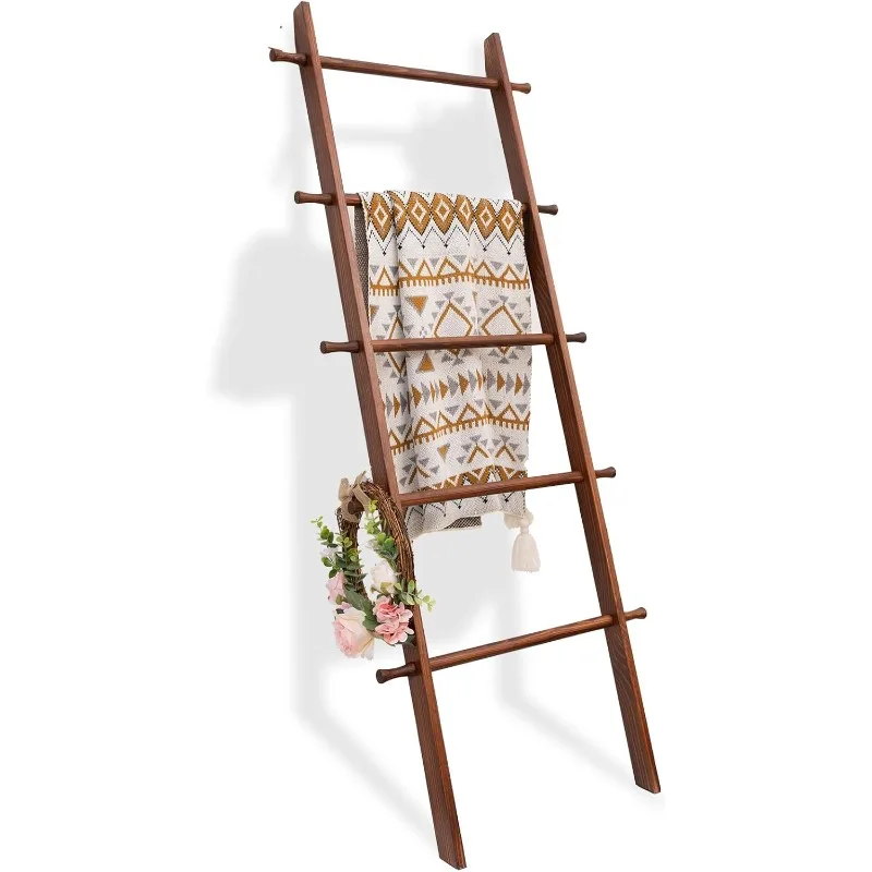 5-Tier Blanket Ladder, Wooden Quilt Stand Farmhouse Decorative Ladder Shelf, Quick Installation, Brown