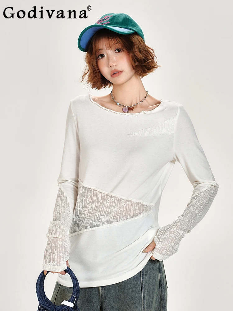 

Elegant White Lace Splicing Fashionable Age-reducing Long Sleeve T-shirt Women Spring Autumn Irregular Chic Leisure Loose Top