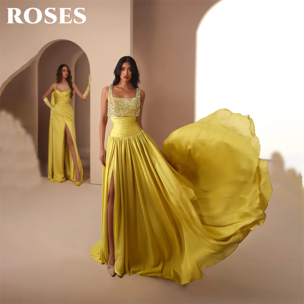 ROSES Yellow Prom Dresses Square Neck Tank Evening Dresses Beading On Chest Party Dress A Line Satin Robe De Soirée Customized