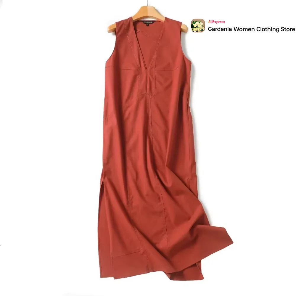 Women Vintage Red Midi Dress Plunging V-neckline Sleeveless Gown Elegant Chic Asymmetric Seams Straight Party Dress Side Splits