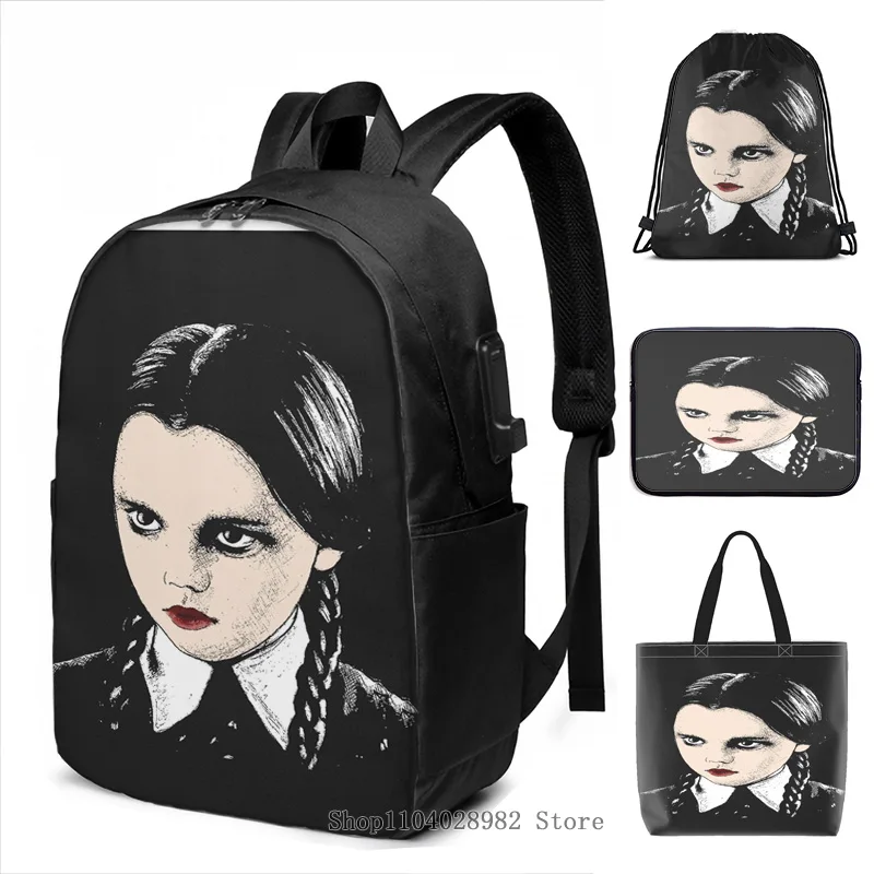 Funny Graphic Print Wednesday Addams USB Charge Backpack men School bags Women Tote Bags Travel laptop bag