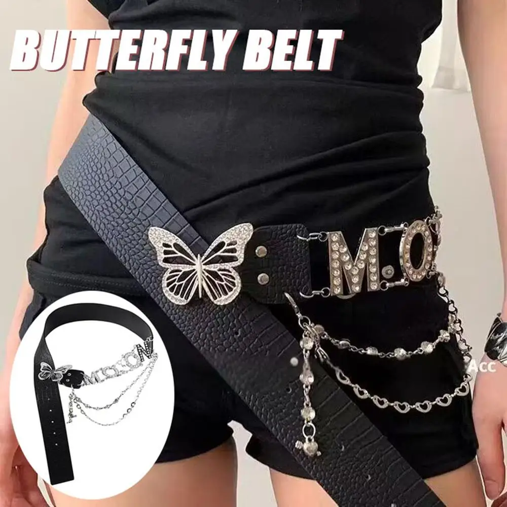 

Y2k PU Waist Chain Hottie Letter Rhinestone Butterfly Belt Clothing Accessories Fashion New Sexy Belts Trendy Waist Strap