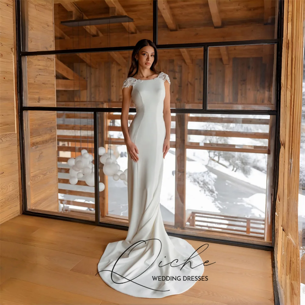 QICHE Elegant Beading Mermaid O-Neck Wedding Dress Cap Sleeves Open Back Bridal Party Gown Women Vestido De Noiva Customized