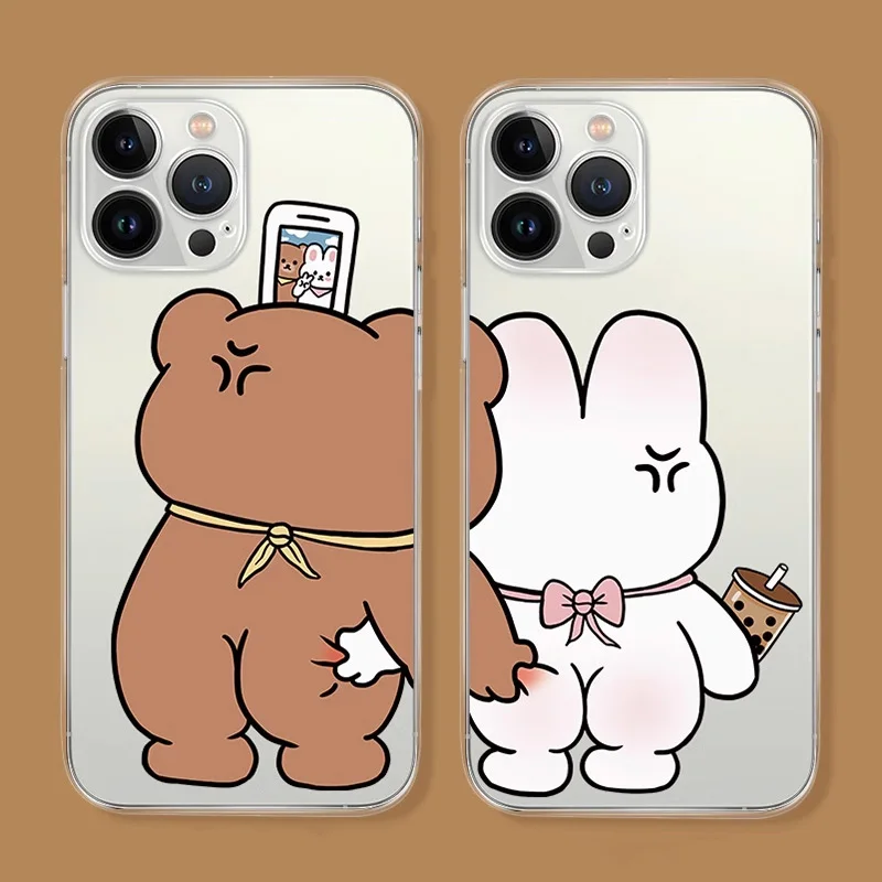 

Funny Bear Bunny Paired Couple Phone Case For iPhone 16 15 14 Pro Max 13 12 Mini 11 Pro XR 8 7 Plus SE Clear Lovers Shell Fundas