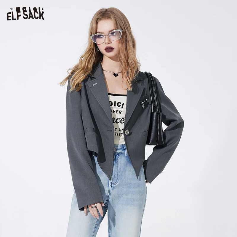 ELFSACK grey irregular contrast blazer coat for women 2024 fit in spring loose solid color casual office style coat