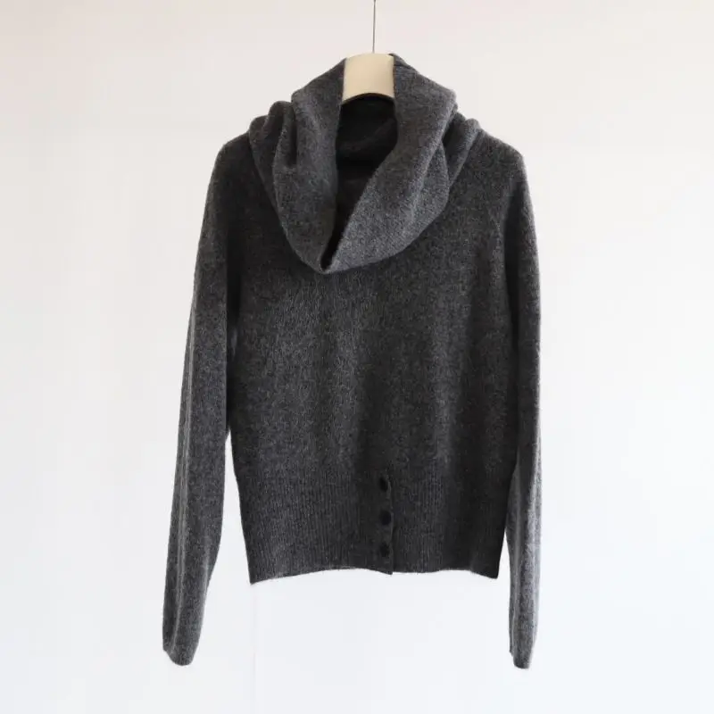 HKSH Women Sweater Elegant Slash Neck Off Shoulder Buttons Design Niche Trendy Casual Long Sleeve Pullover Autumn Winter HK27661