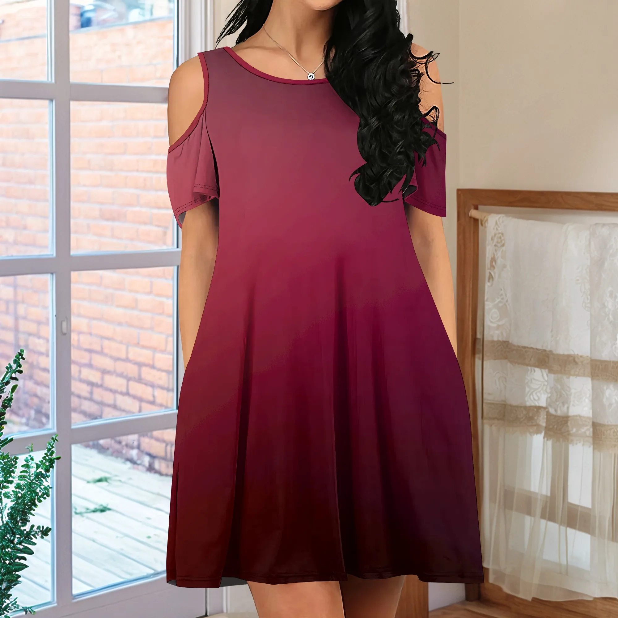 Short Sleeve Women's Cold Shoulder Dress with Pockets Casual Swing T-Shirt Dresses