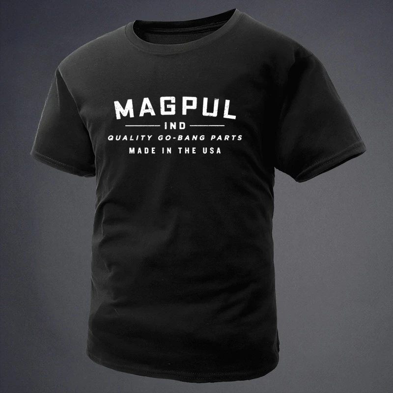 Camiseta Masculina Estilo Magpul de Qualidade com Estampa Go-Bang, Casual, Algodão, Manga Curta, Gola Redonda, Top Tático com Gráfico de Armas de Fogo, para Uso Diário