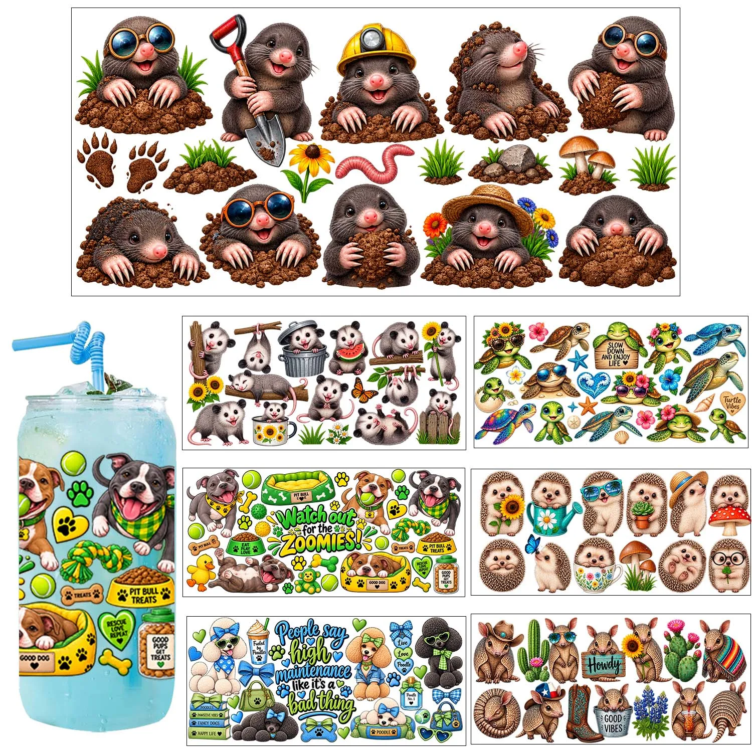Cute Small Animals Rub On UV DTF Transfer Sticker Waterproof DIY Decals 3D Transfers UVDTF Sticker 16oz UV DTF Cup Wraps
