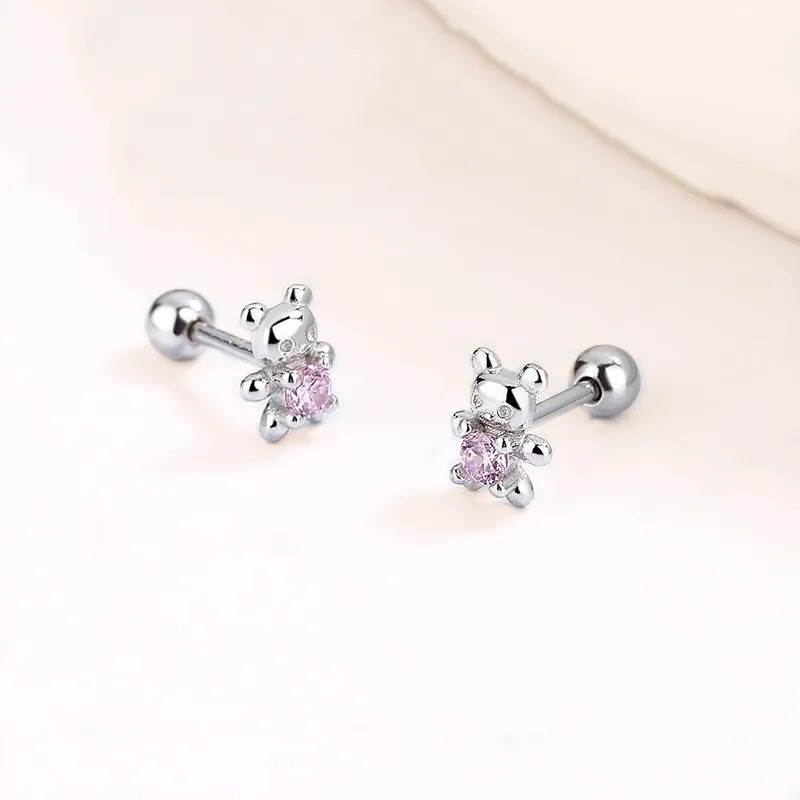 New Exquisite Sweet Small Bear Screw Earrings For Women Girls With Pink Zircon Cute Playful Party Jewelry Accessories Gifts