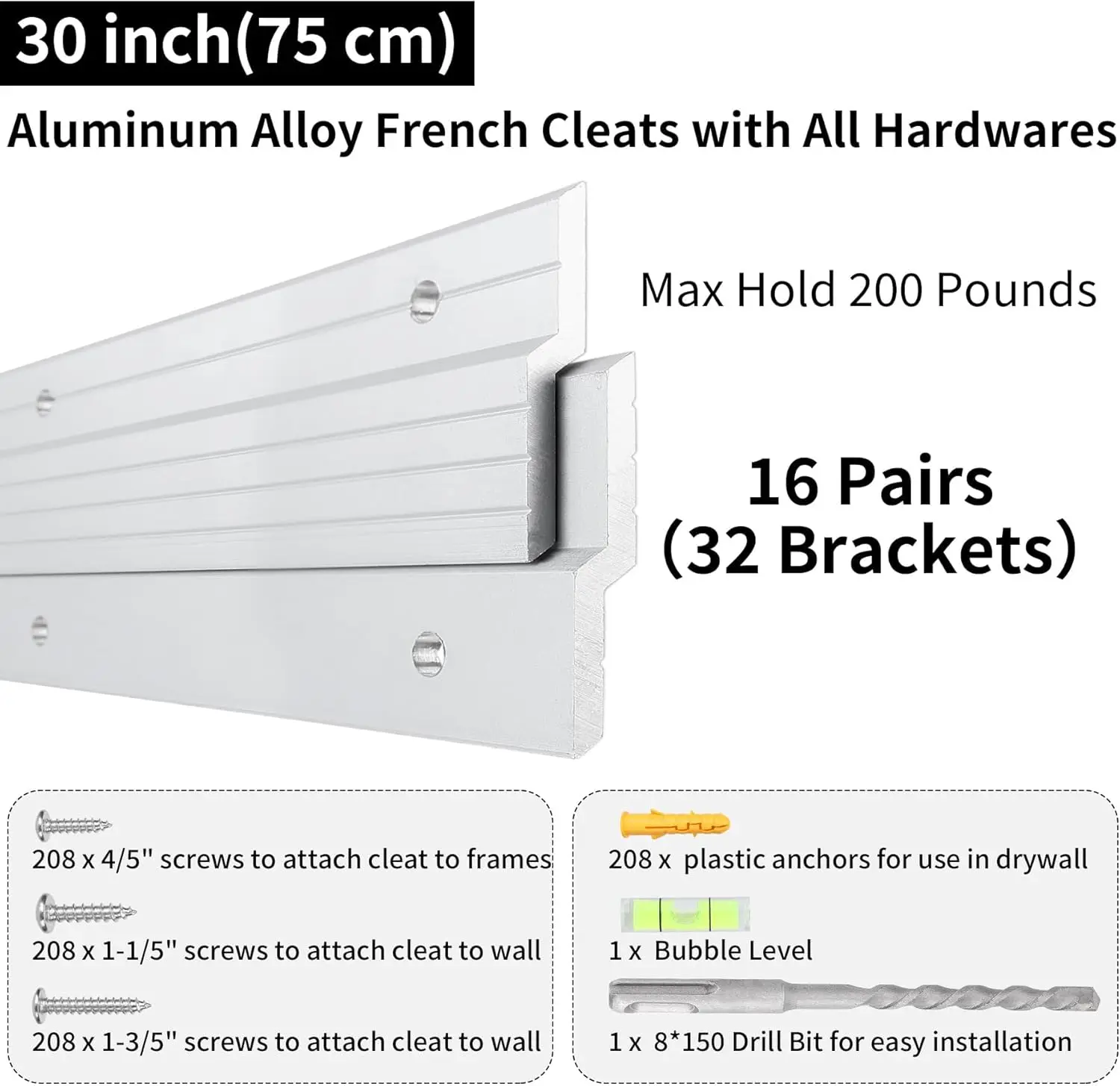 Colgador de tacos franceses de 30 pulgadas, 16 pares, Kit para colgar cuadros de aleación de aluminio resistente, Clips de barra Z, montaje en pared, carga de 200 libras Inte