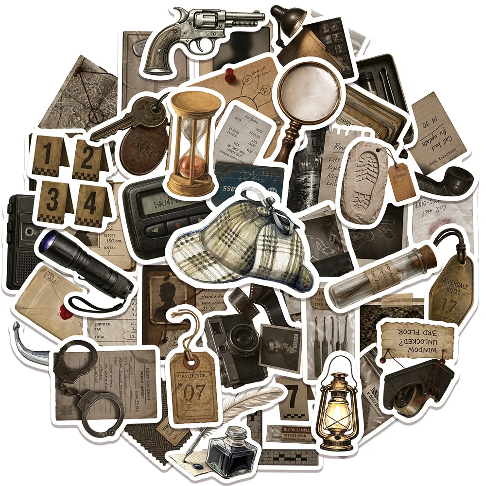 50PCS Retro Detective Mystery Case Graffiti Stickers Creative Cartoon Decal DIY Luggage Phone Guitar Scrapbook Classic Kid Toys