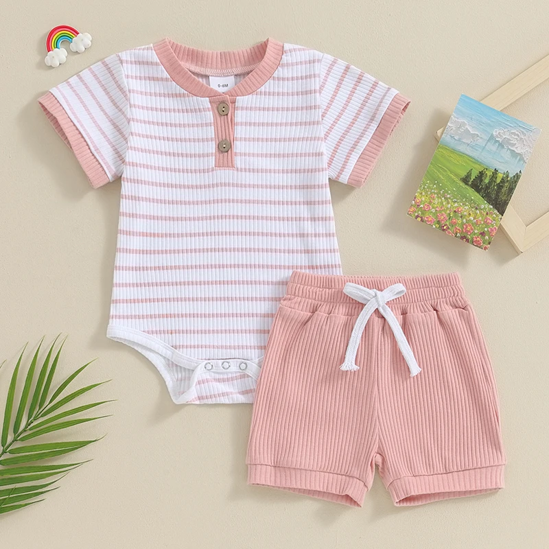 2023-11-18 Lioraitiin Newborn Baby Boy Girl Summer Clothes Striped Short Sleeve Ribbed Romper Tops Elastic Shorts Set Outfits