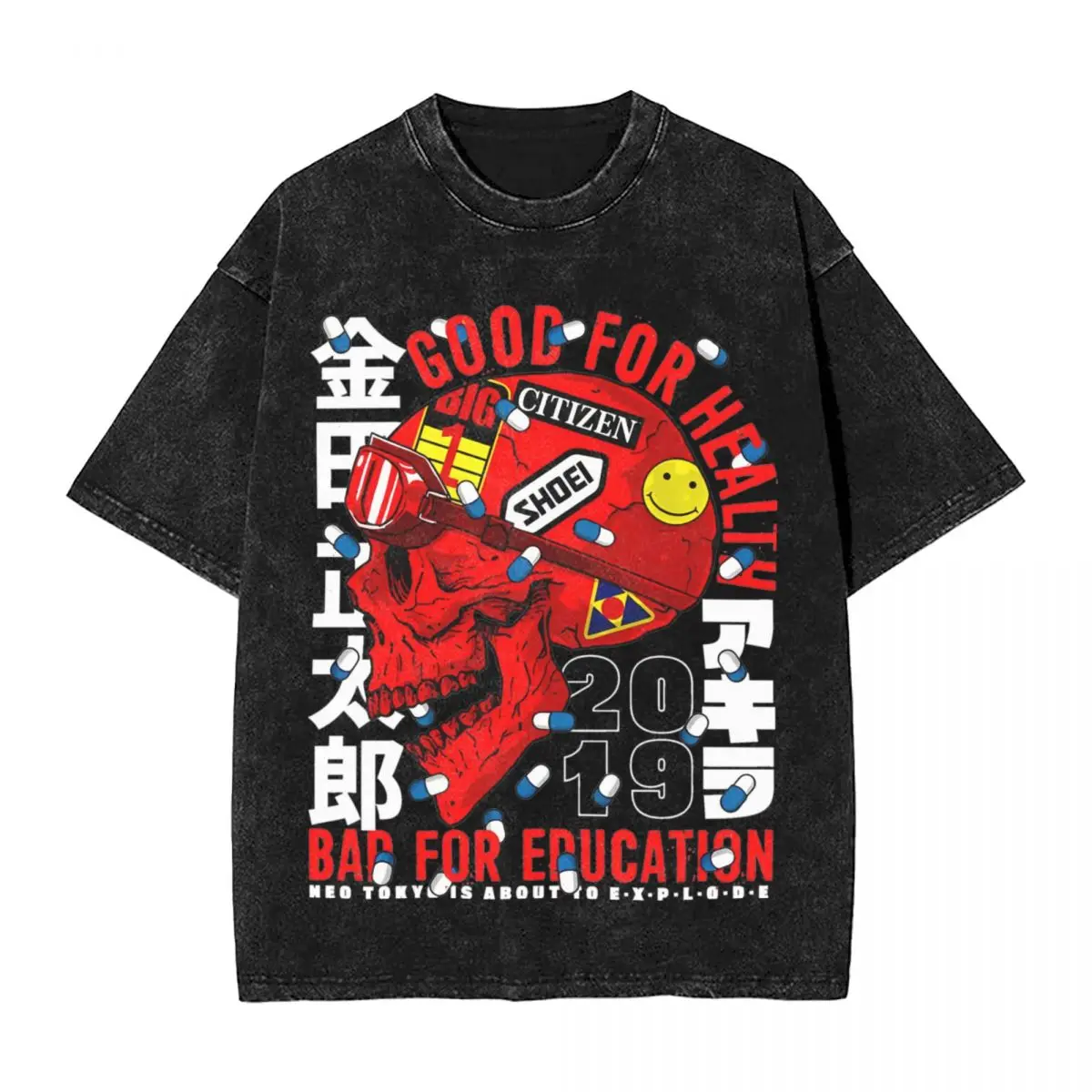 The Capsules Leader Japanese Anime Motorcycle T Shirts Hip Hop Washed Cotton Harajuku T-Shirts Akira Streetwear Graphic Tops Tee