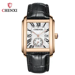 Luxury Top Brand Square Mens Wristwatches Unique Design Rose Gold Calendar Stop Watch Genuine Leather Quartz Business Male Clock