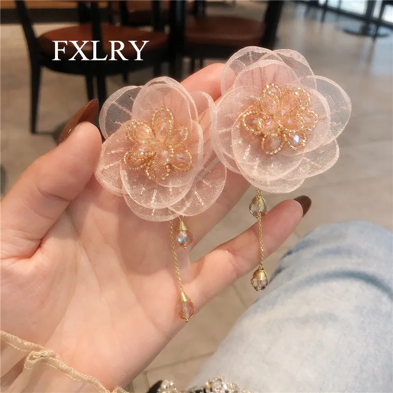 

FXLRY Original Handmade Lace Flower Crystal Bead Edge Exaggerated Long Pendant For Women Jewelry Accessories