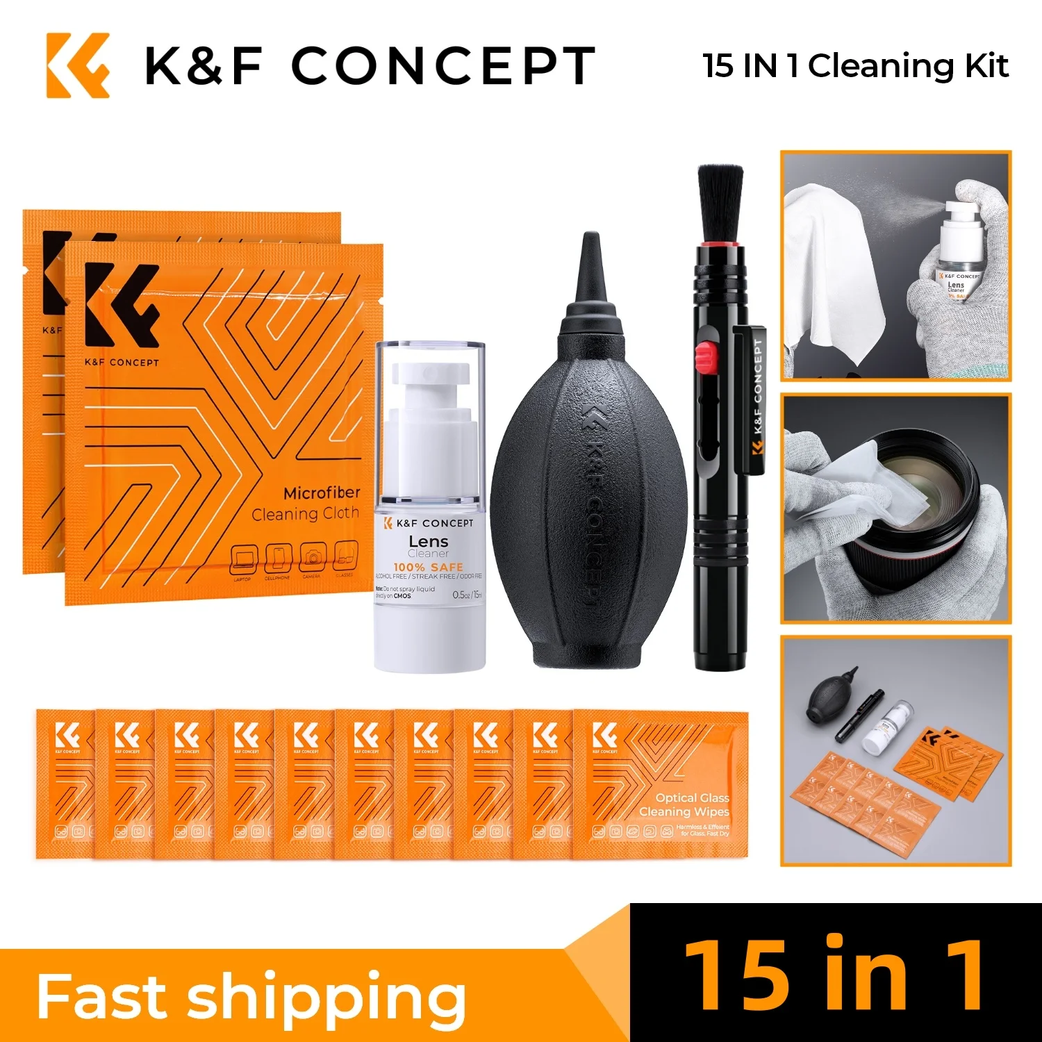 K&F CONCEPT Camera Lens Reinigingsset met Camera Blower, Brillendoekjes, Reinigingsvloeistof, Reinigingspen voor Camera Lens en Telefoon