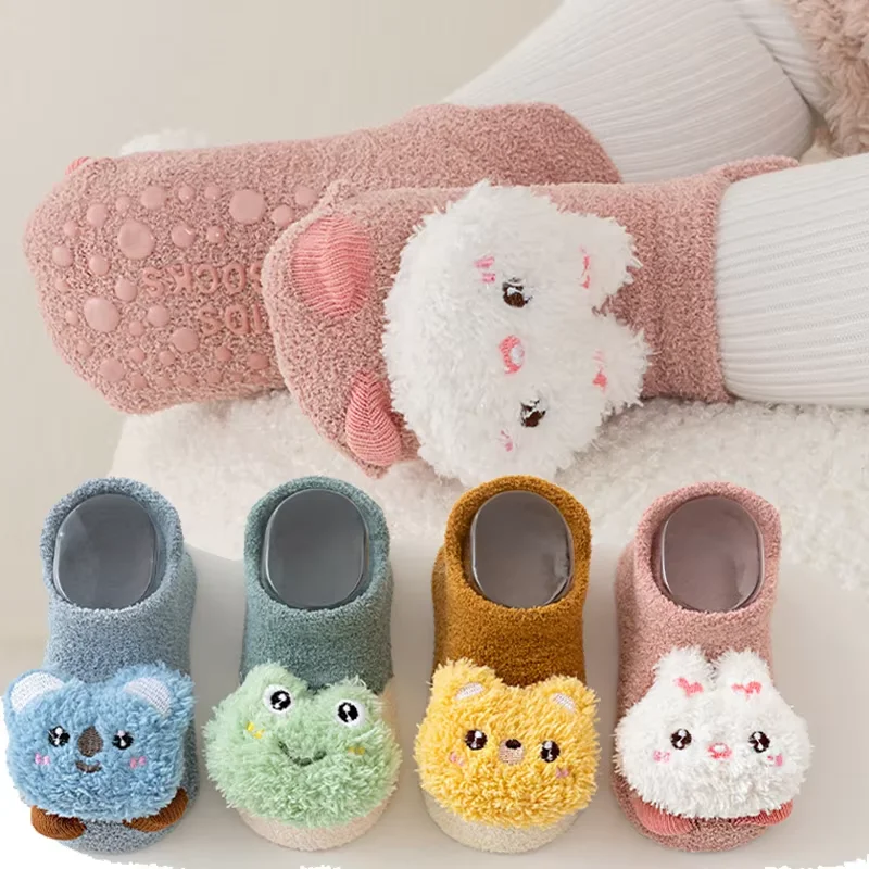 

Winter Baby Walking Socks Coral Fleece Ticken Warm Children Boat Sock Cartoon Doll Infant Anti Slip Floor Socks Plush Footwear