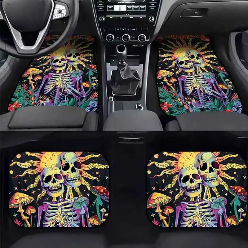 

Halloween Colored Skull Car Floor Mat Suitable for 4 Seater Car with Skull Pattern Durable Stain-resistant Dust-proof Decoration