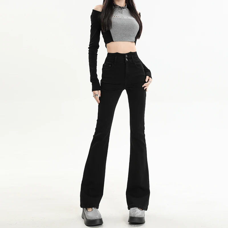 

High-waisted Chic Sexy Flared Jeans Slim-fit Vintage Black Streetwear New Jeans Women High-waisted Stretch Pants Women