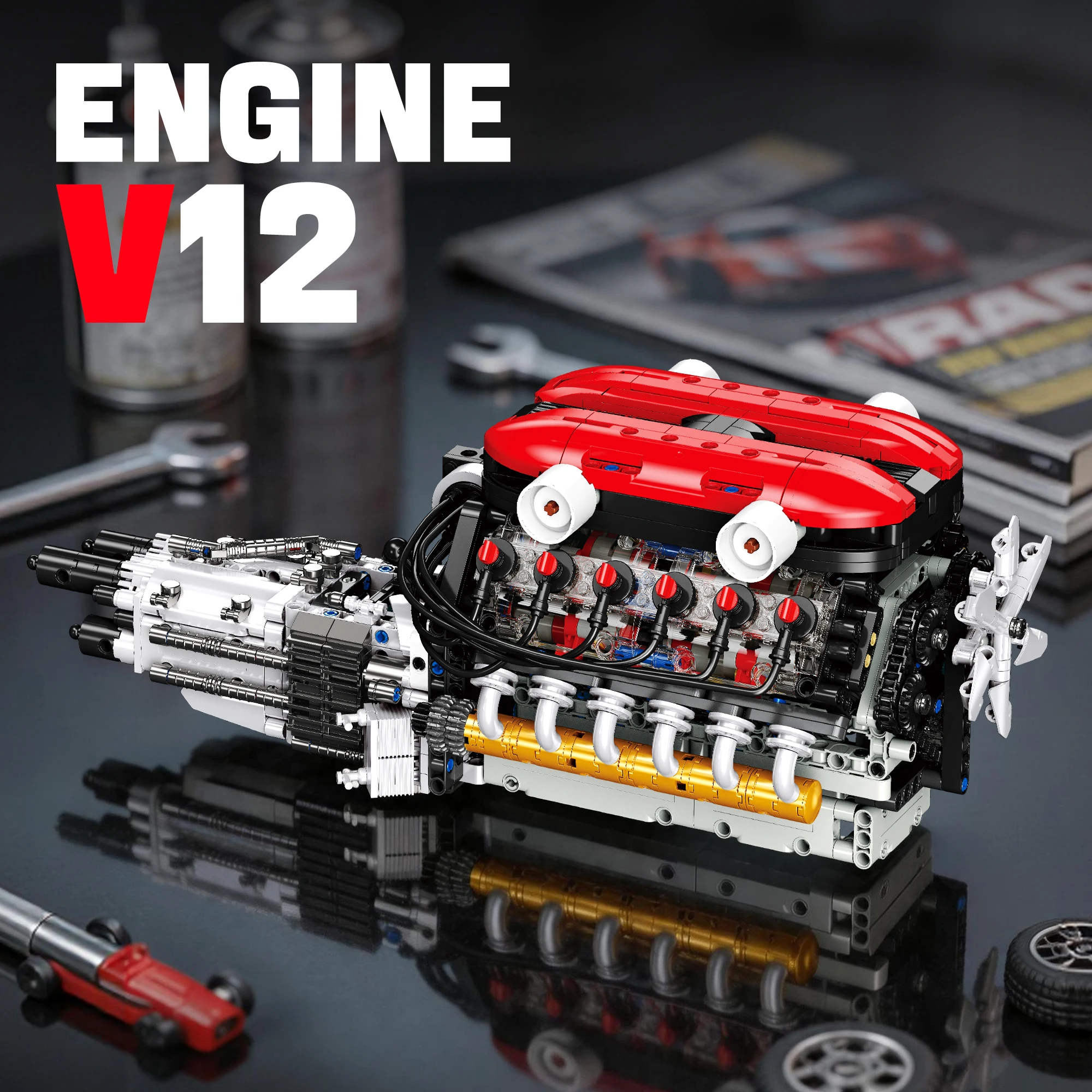 1653 PCS MOC Motorized V12 Engine Model Blocks Kit, STEAM Mechanical Building Blocks, Desktop Cabinet Display Ornament