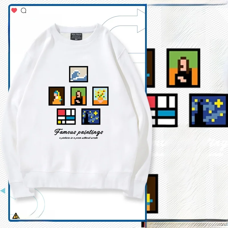 

Свитшот с круглым вырезом и забавным американским принтом в стиле хип-хоп для пар, с изображением всемирно известной картины, в стиле пиксель-арт, утепленный, для верхней части тела