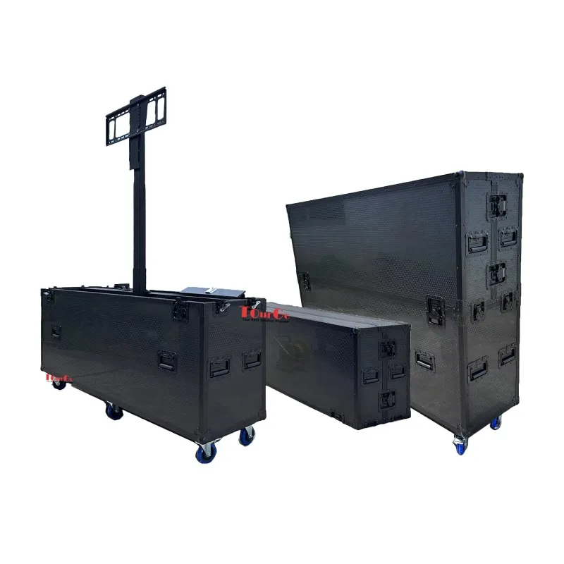 All Black Road Case Monitor Plasma Lift Motorised Lift TV Flight Case for 70-75inch Screens with Single Lifting Post
