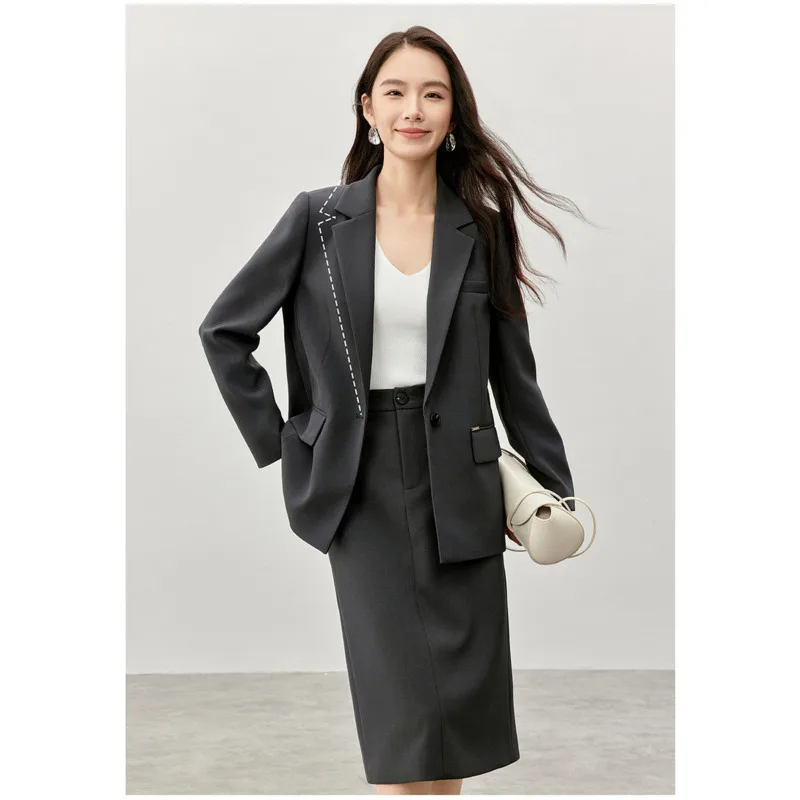 [Vibe] เนื้อหลวม Fit Blazers ผู้หญิง 2025 ฤดูใบไม้ร่วง Notched COLLAR ปุ่ม Office Lady Work เสื้อธุรกิจ