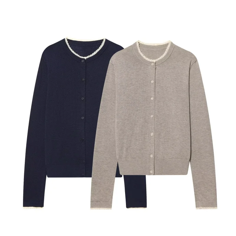 

Вязаный кардиган с кружевной отделкой, женский, свободного кроя, на одной пуговице, с круглым вырезом, осенне-зимний, новый, стройнящий силуэт