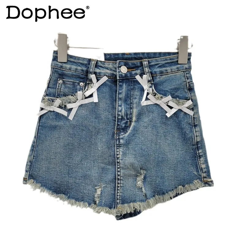 Korean Style Sweet Three-Dimensional Bow Decoration A- Line Stretch Skirt Women Clothing Summer Street Sexy Girl Denim Skirt