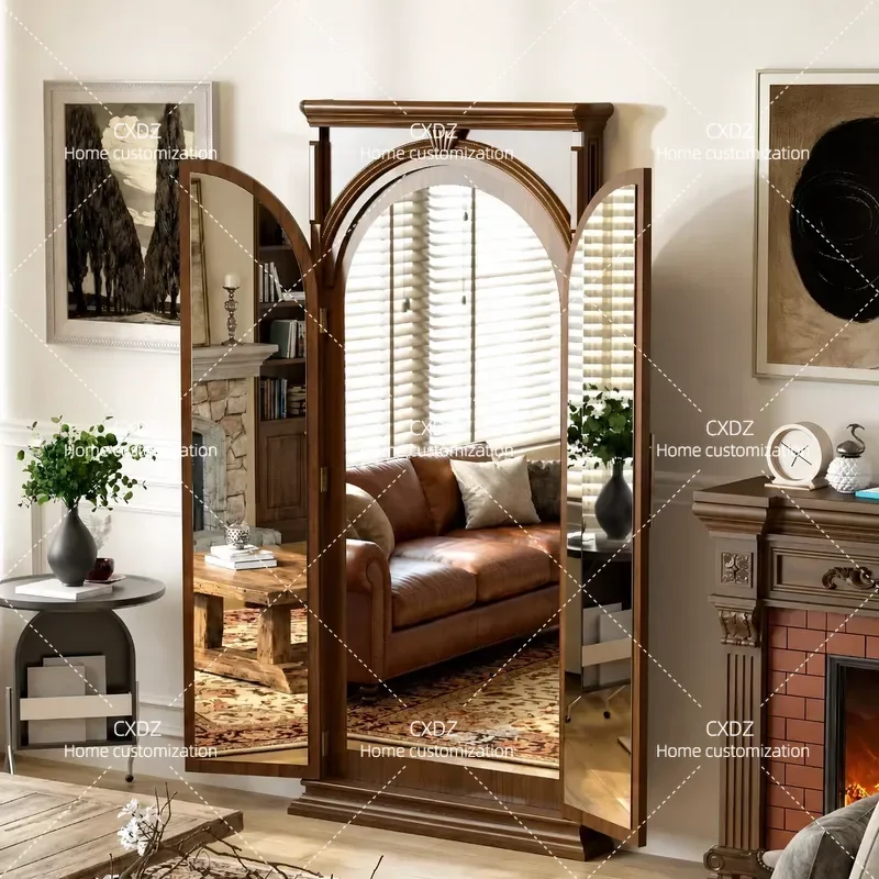 Pure Solid Wood American French European Retro Floor Folding Large Full Body Mirror Changing Mirror Fitting Mirror