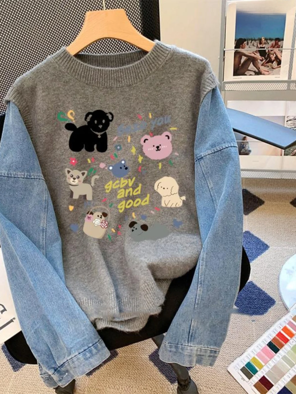 ay Thiened جولة Ne الدنيم المرقعة البلوز المرأة الخريف الشتاء متعة الكرتون المطبوعة مقنعين عارضة الشارع الشهير