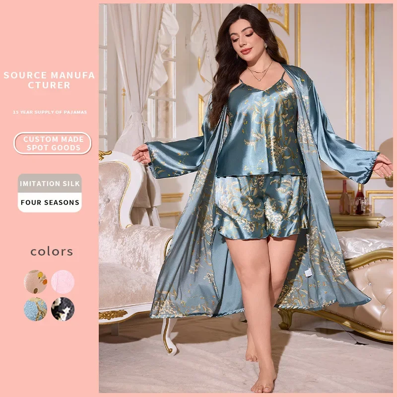 

3Pcs Women Pajamas Sets Sling Shorts and Robe Summer Thin Cooling Homewear Suit Sexy Female Nightgown Print Bathrobe Plus Size