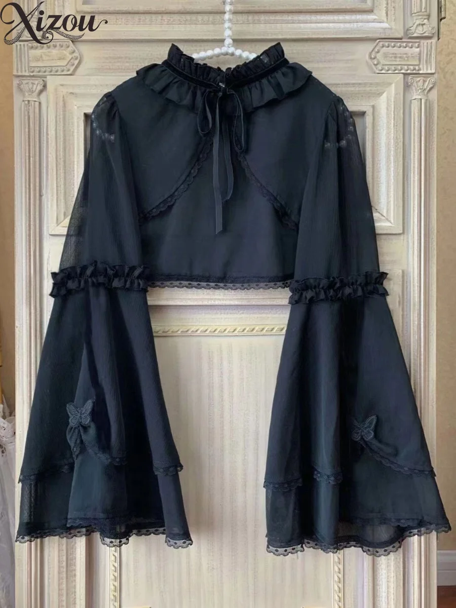 

2025 готические рубашки в стиле Лолиты, черные, длинные, расклешенные, с пышными рукавами, с вырезом «летучая мышь», и оборками, кружевная свободная шаль, накидка, весна-лето, Harajuku, косплей