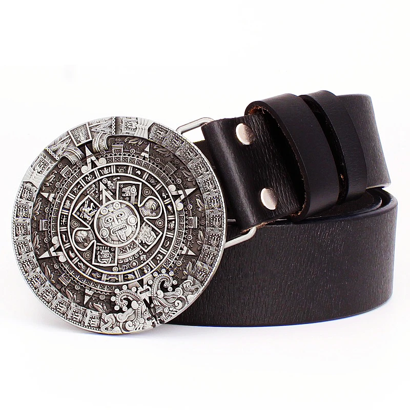 Indian Culture Aztec Sun Solar Calendar Pattern Maya Silvery Buckle Cowskin Leather Belt For Men Women