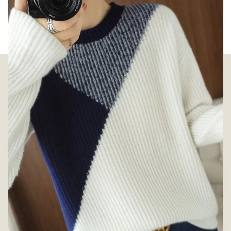 Autumn and Winter Women\'s Round Neck Panel Long Sleeve Contrast Loose Pullover Retro Knit Contrast Fashion Casual Tops